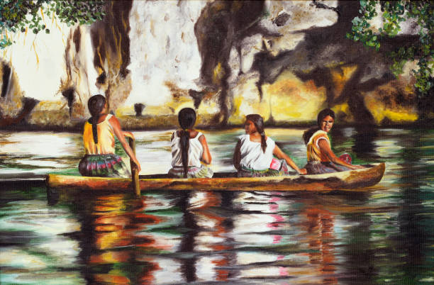 painting of four indians sailing on a boat on canvas - native habitat imagens e fotografias de stock