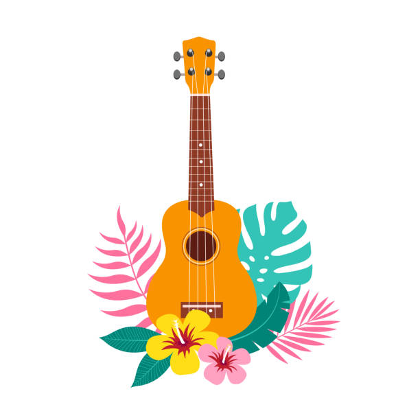 ukulele und tropische blätter und blüten auf weißem hintergrund. - ukulele stock-grafiken, -clipart, -cartoons und -symbole