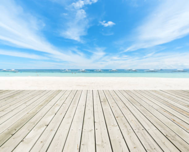 Wooden Platform Beside Summer Tropical Beach Wooden Platform Beside Summer Tropical Beach boardwalk stock pictures, royalty-free photos & images