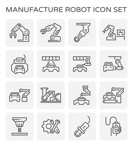 auto production icon Robot working with auto production line icon set. automobile industry stock illustrations