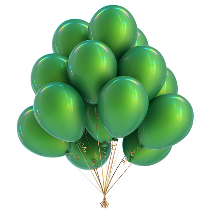 Green balloons birthday party decoration. Happy holiday celebration balloon bunch classic. 3d illustration isolated