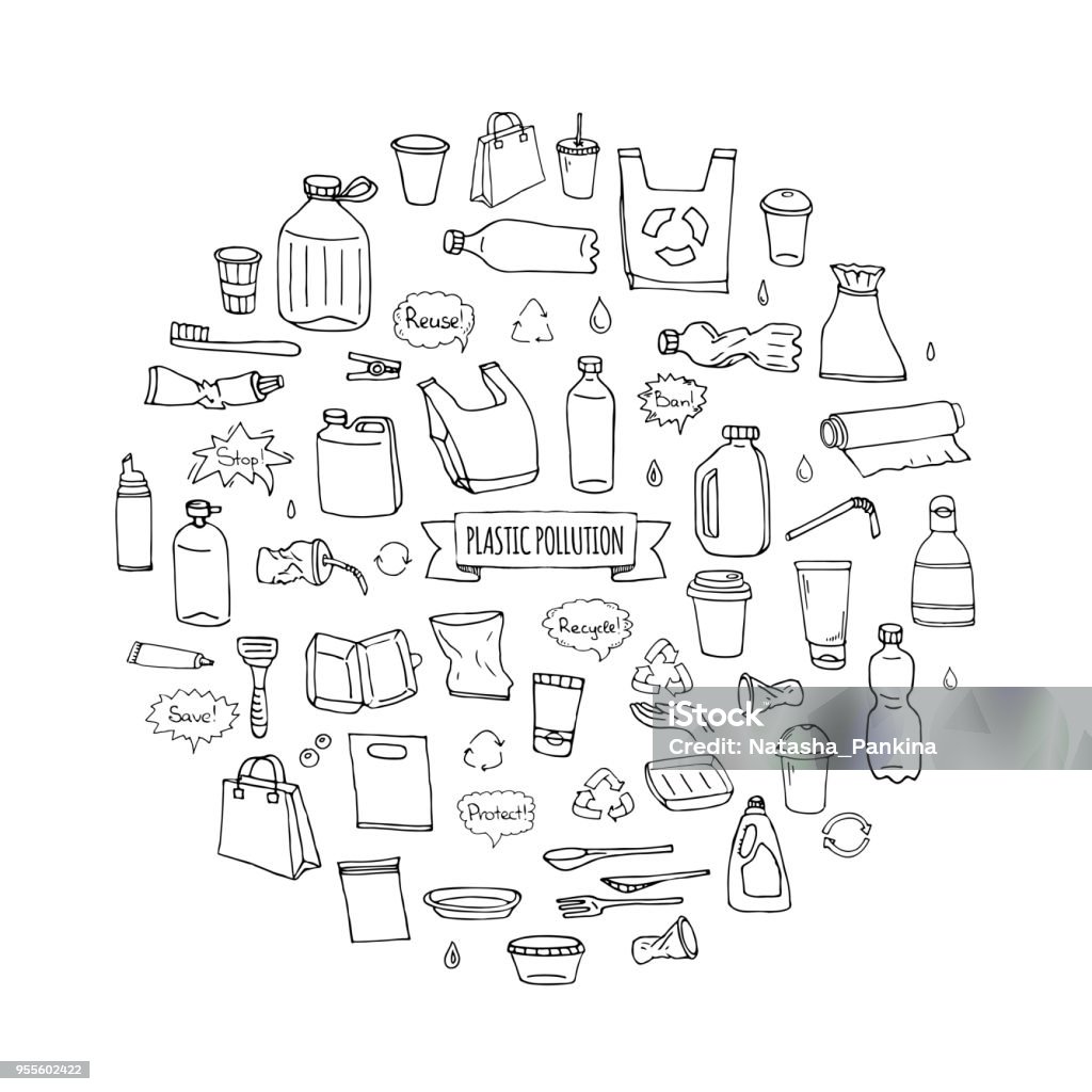 Hand drawn doodle Stop plastic pollution icons set Hand drawn doodle Stop plastic pollution icons set Vector illustration sketchy symbols collection Cartoon concept elements Bag Bottle Recycle sign Package Disposal waste Contamination disposable dish Plastic stock vector