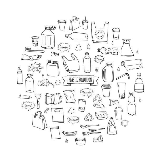 Hand drawn doodle Stop plastic pollution icons set Hand drawn doodle Stop plastic pollution icons set Vector illustration sketchy symbols collection Cartoon concept elements Bag Bottle Recycle sign Package Disposal waste Contamination disposable dish plastic bottles stock illustrations