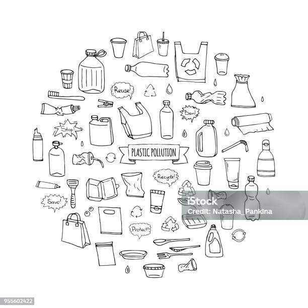 Hand Drawn Doodle Stop Plastic Pollution Icons Set Stock Illustration - Download Image Now - Plastic, Garbage, Recycling