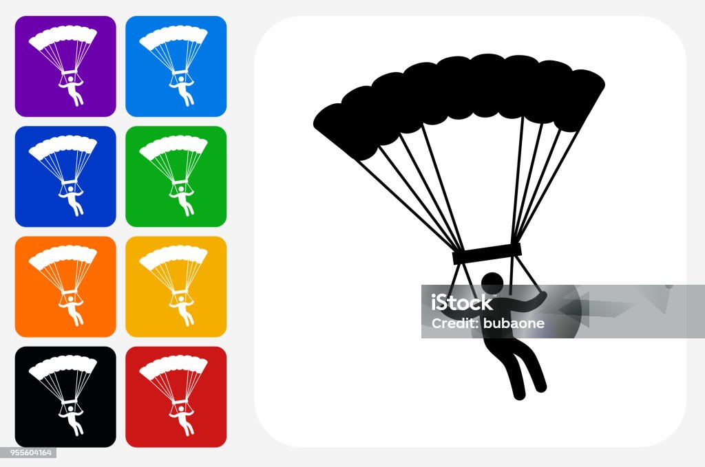 Parachuting Icon Square Button Set Parachuting Icon Square Button Set. The icon is in black on a white square with rounded corners. The are eight alternative button options on the left in purple, blue, navy, green, orange, yellow, black and red colors. The icon is in white against these vibrant backgrounds. The illustration is flat and will work well both online and in print. Blue stock vector