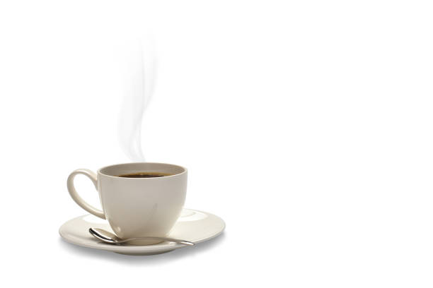 istock Cup of coffee with smoke and coffee beans isolated on white 955616308
