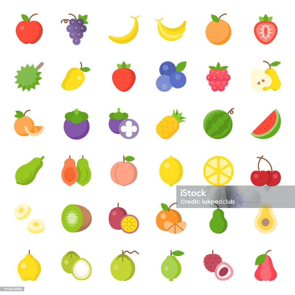 Süße Früchte flache Icon-Set, wie Orange, Kiwi, Kokosnuss, Banane, Papaya, Pfirsich, tropische Früchte - Lizenzfrei Obst Vektorgrafik