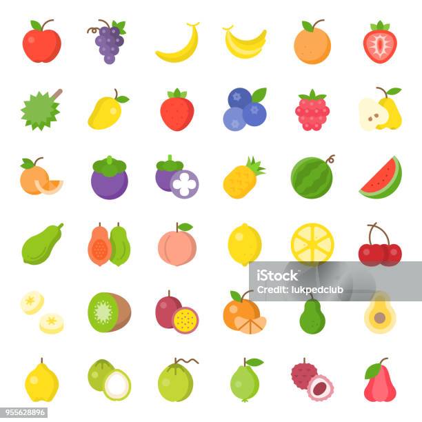 Ilustración de Lindo Icono Plano Cuajado Como Naranja Kiwi Coco Plátano Papaya Frutas Tropicales Duraznos y más Vectores Libres de Derechos de Fruta