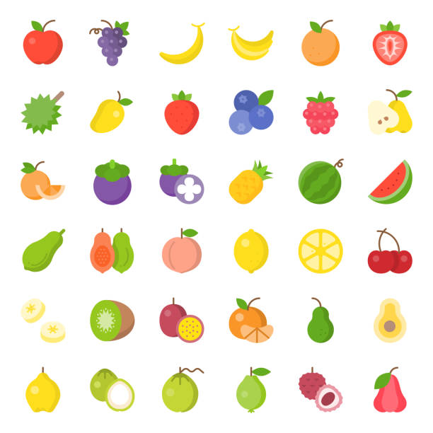 ilustrações, clipart, desenhos animados e ícones de conjunto de ícones plana de fruto bonito, tais como laranja, kiwi, coco, banana, mamão, pêssegos, tropicais frutas - watermelon melon vector vegetable