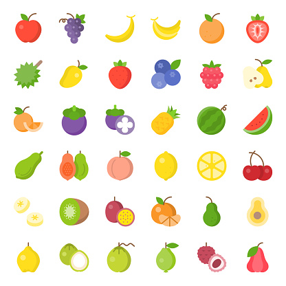 Cute fruit flat icon set, such as orange, kiwi, coconut, banana, papaya, peach, tropical fruits