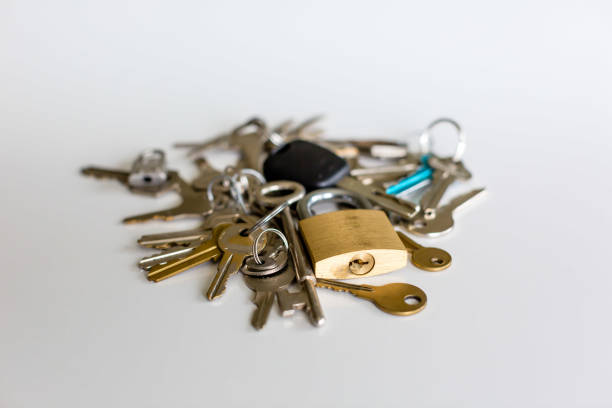a variety of different keys and locks arranged on a white surface with copy space