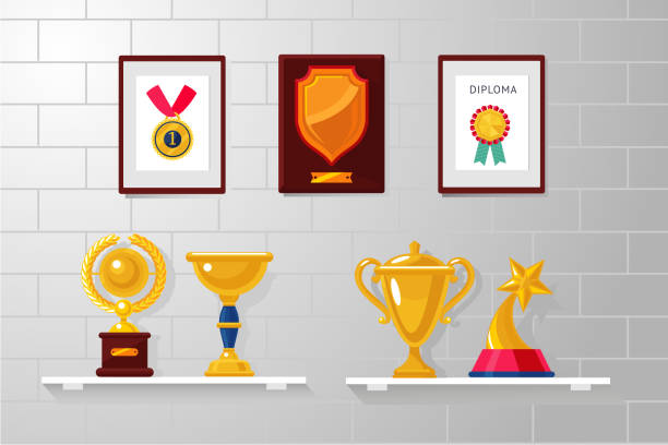 Trophy and awards collection on a white wall. Diplomas, competition prizes and cups. vector art illustration