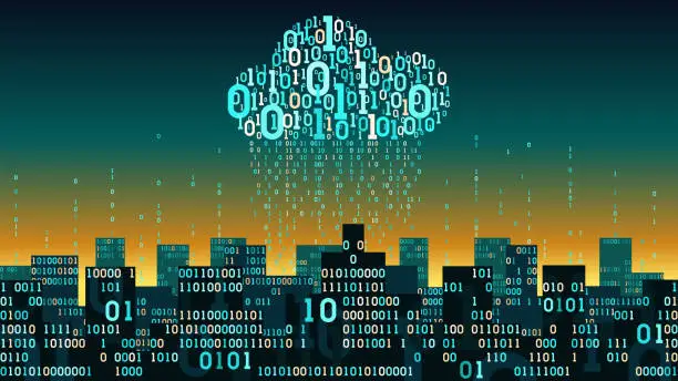 Vector illustration of Abstract futuristic smart city with the Internet of things and artificial intelligence, connected to cloud storage of big data, binary rain - data stream, network digital technology concept