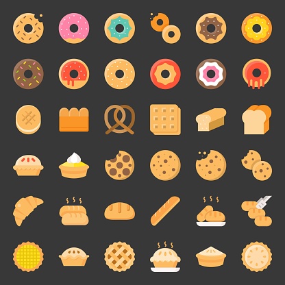 Bread, donut, pie, bakery product, flat icon set