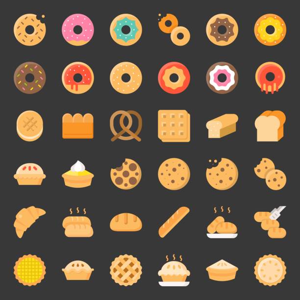 Bread, donut, pie, bakery product, flat icon set Bread, donut, pie, bakery product, flat icon set apple pie cheese stock illustrations
