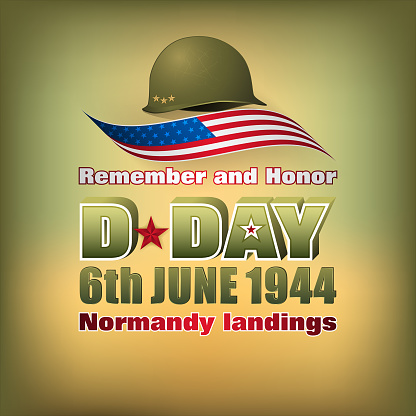 Holiday design, background with 3d texts, army helmet and national flag colors for D-Day American event, celebration; Vector illustration