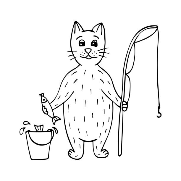 симпатичный нарисованный вручную кот рыбак с рыбой и удилищем. чёрно-белый. - чёрно белый иллюстрации stock illustrations