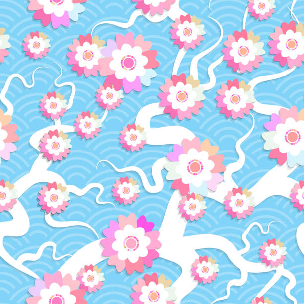 さくらの花ピンクの花の花枝とシームレスなパターン、自然の背景。桜の木は、青の背景に日本の波の円パターン パステル カラーを分岐します。ベクトル - color image colored background tree branch点のイラスト素材／クリップアート素材／マンガ素材／アイコン素材