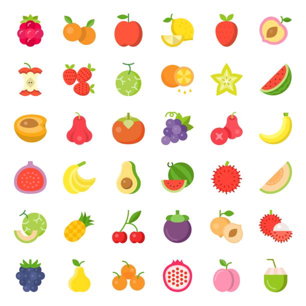 Cute fruit and berries, flat icon set 2 Cute fruit and berries, flat icon set 2 rambutan stock illustrations