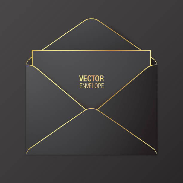 Black vector envelope template. Black vector envelope template. Black opened envelope with golden elements, lying on a black background. Realistic mockup. gold envelope stock illustrations