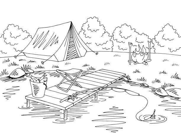 ilustraciones, imágenes clip art, dibujos animados e iconos de stock de vector de ilustración de pesca camping paisaje blanco negro gráfico dibujo - catch of fish illustrations