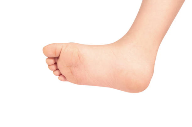 Cute kid leg, fast growing foot, isolated on white background.
