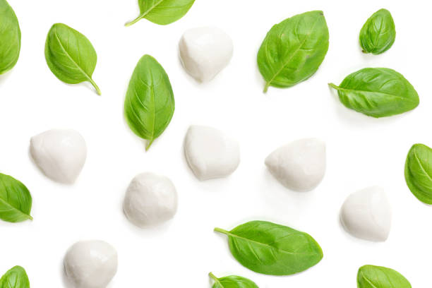 istock Basil and mozzarella. Food Ingredients pattern with mozarella cheese balls and fresh basil leaves, top view 955650900