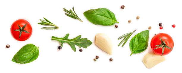 istock Creative food pattern with Fresh vegetables, herbs and spices isolated on white background.  Flat lay. Healthy food background with various fresh ingredients