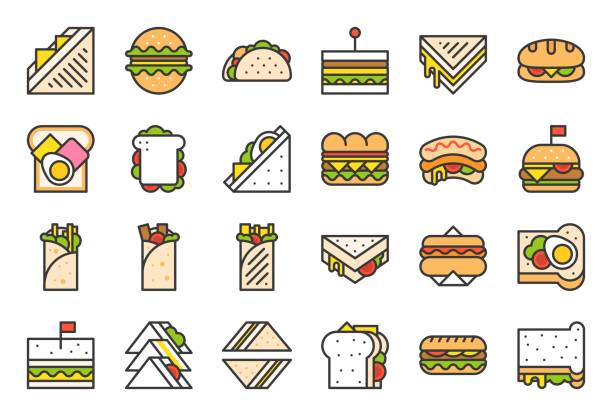 illustrations, cliparts, dessins animés et icônes de shawarma sandwich, hot-dog, taco, burger, icône de contour rempli de fast-food - club sandwich picto