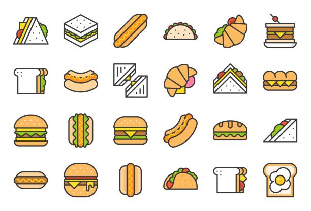 illustrations, cliparts, dessins animés et icônes de icône de contour rempli fast-food, tels que burger et salade, œufs, grillé sandwich au fromage, tacos mexicains, croissant - club sandwich picto