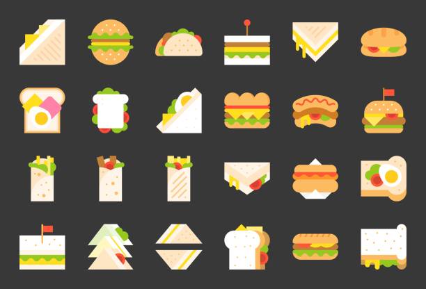 illustrations, cliparts, dessins animés et icônes de icône de fast-food, sandwich shawarma, hot-dog, sandwich au fromage grillé, icône plate - club sandwich picto