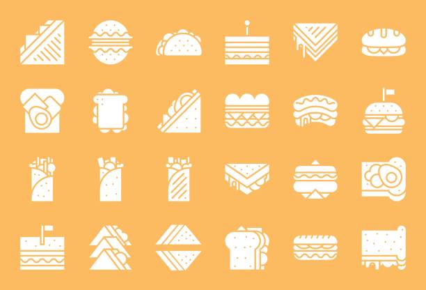 illustrations, cliparts, dessins animés et icônes de restauration rapide, "sandwich" comme shawarma, sandwich salade, sandwich au fromage grillé, burger, hot-dog, style solide - club sandwich picto