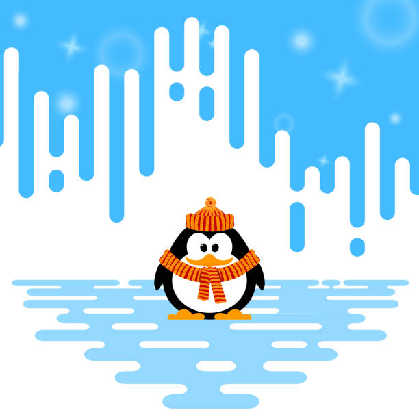 ilustrações de stock, clip art, desenhos animados e ícones de vector illustration of a cute little penguin in a knitted hat and mittens on winter abstract striped background - iceberg banner animal bird