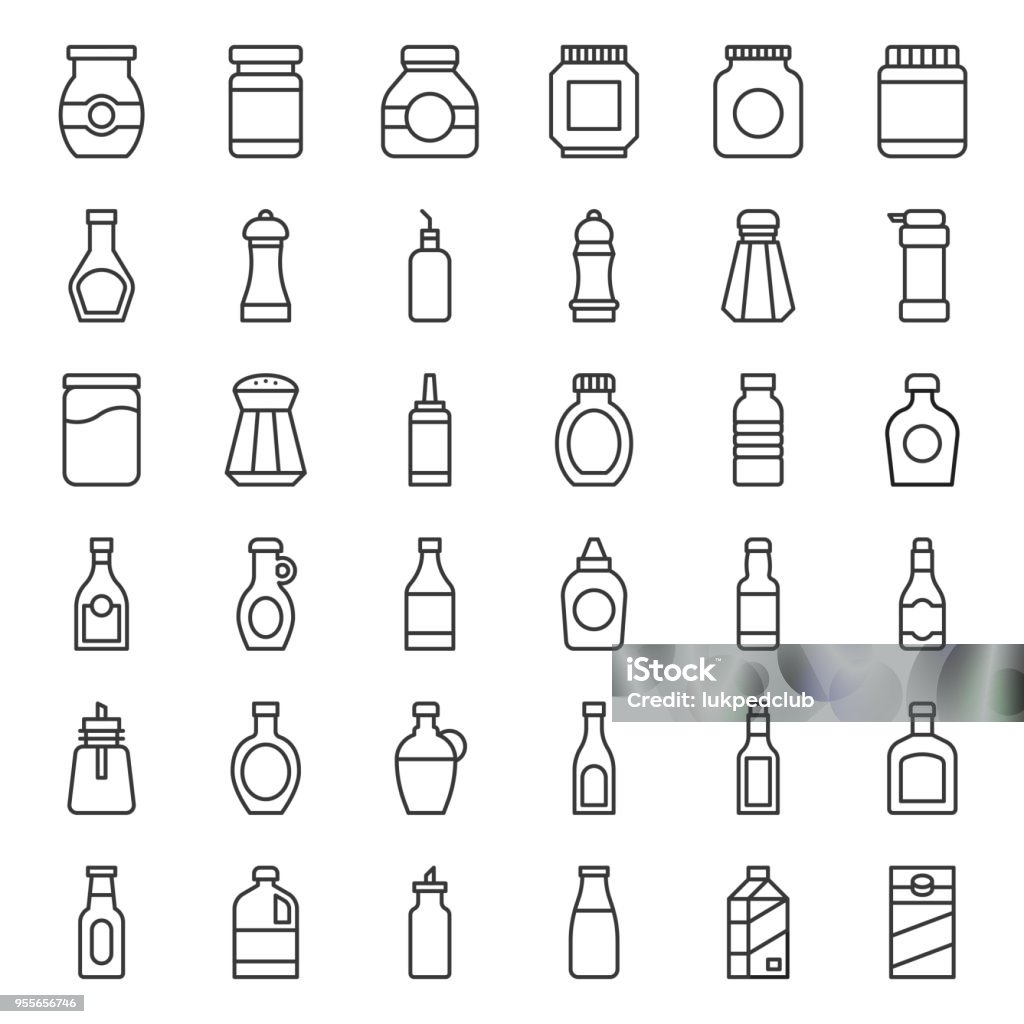 Food and drink container outline icon, such as salt shaker, olive oil bottle, peanut butter jar, jam glass bottle, milk carton, maple syrup, sauce, wine, soy sauce - Royalty-free Símbolo de ícone arte vetorial