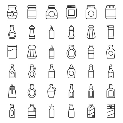 Food and drink container outline icon, such as salt shaker, olive oil bottle, peanut butter jar, jam glass bottle, milk carton, maple syrup, sauce, wine, soy sauce