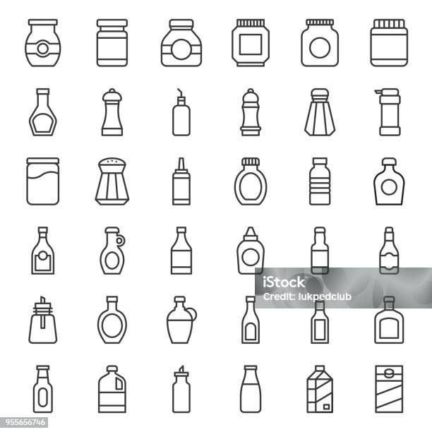 Food And Drink Container Outline Icon Such As Salt Shaker Olive Oil Bottle Peanut Butter Jar Jam Glass Bottle Milk Carton Maple Syrup Sauce Wine Soy Sauce Stock Illustration - Download Image Now