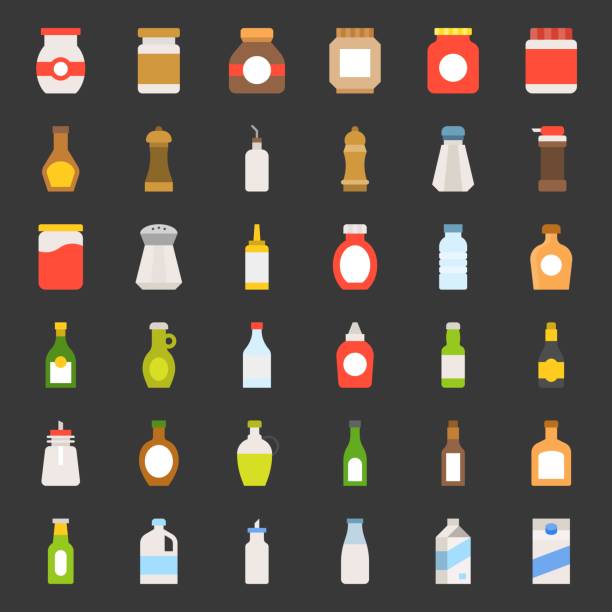 ilustraciones, imágenes clip art, dibujos animados e iconos de stock de comida y bebida envase plano icono, como salero, botella de aceite de oliva, tarro de mantequilla de maní, botella de cristal del atasco, cartón de leche, jarabe de maple, salsa, vino, salsa de soja - packaging bottle plastic wine