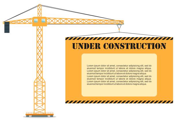 Under construction concept. Building industrial tower crane with poster. Heavy equipment and machinery. Vector illustration. Detailed illustration of colored tower crane white board. Heavy equipment and machinery. Vector illustration. winch cable stock illustrations