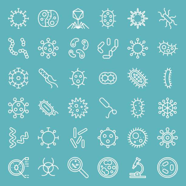 bakterien und viren, niedliche mikroorganismus symbol wie e. coli, hiv, influenza, fett-icon-set - influenza a virus stock-grafiken, -clipart, -cartoons und -symbole