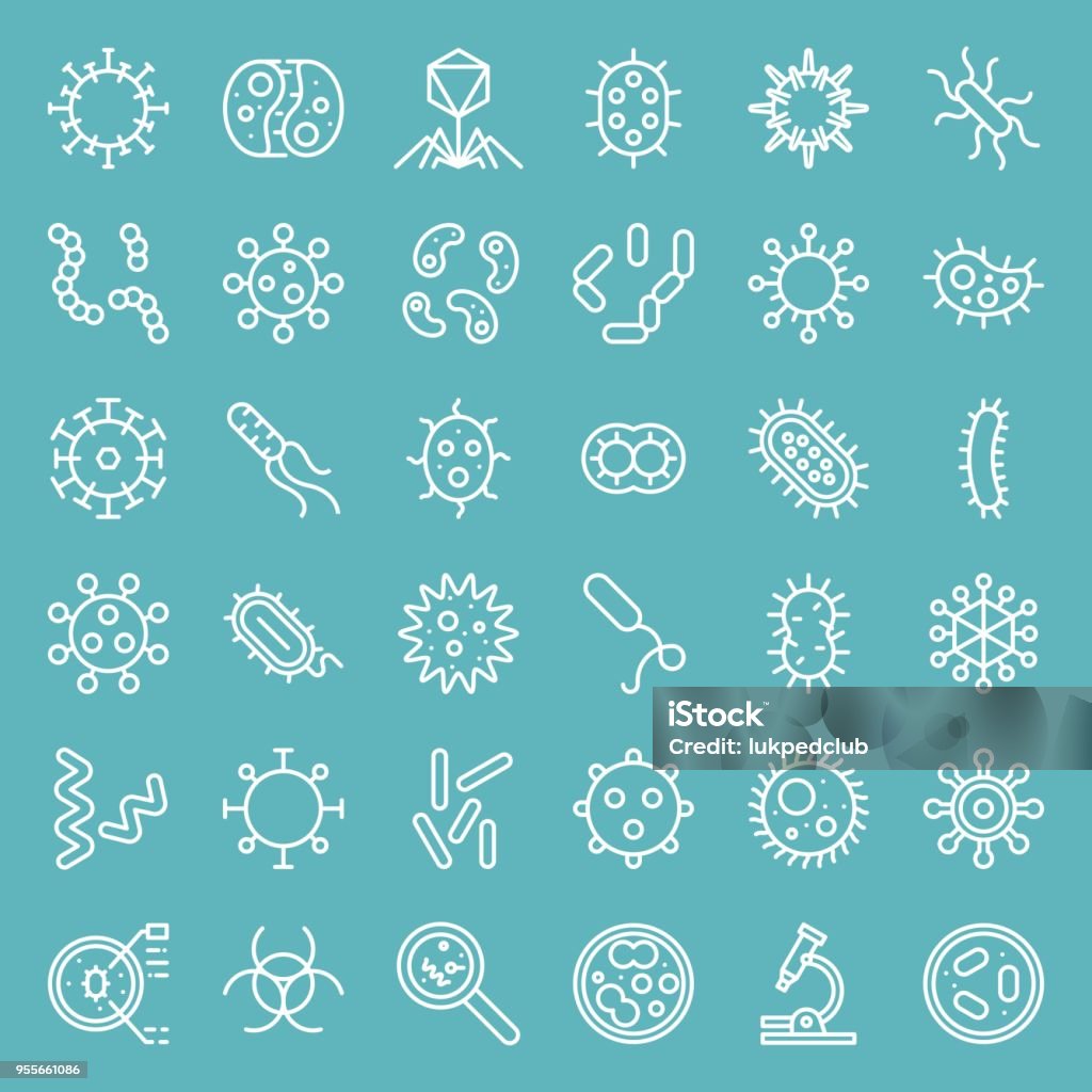 Bacteria and virus, cute microorganism icon such as e. Coli, HIV, influenza, bold icon set Bacterium stock vector