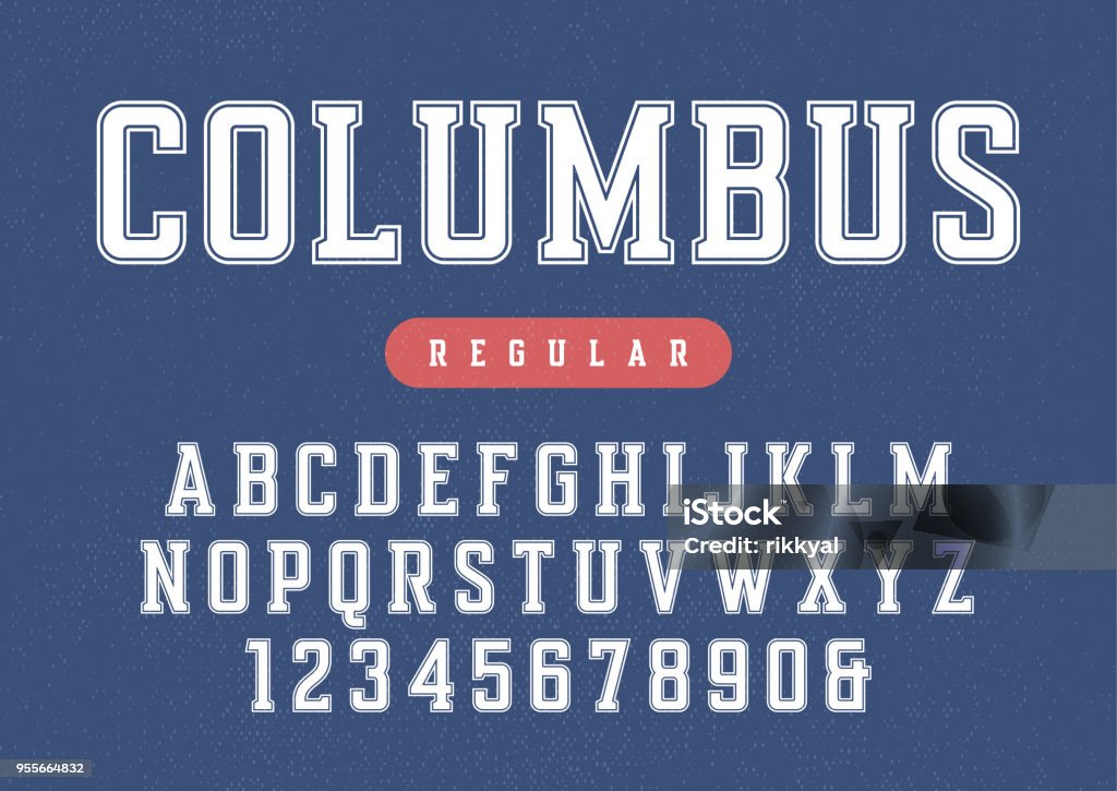 Columbus vector condensed retro sports typeface, uppercase letters and numbers, alphabet, font, typography. Columbus vector condensed retro sports typeface, uppercase letters and numbers, alphabet, font, typography. Global swatches. Typescript stock vector