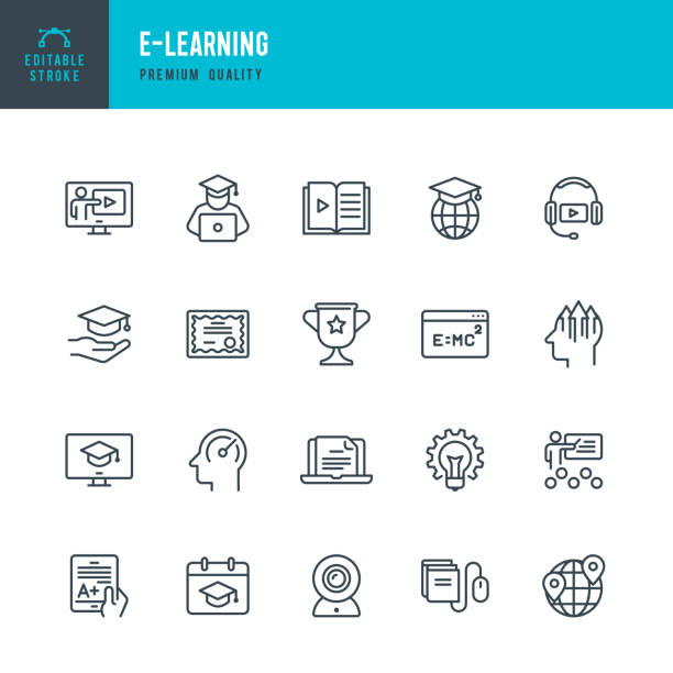 e-learning - vektor-linie-icons set - headphones book stock-grafiken, -clipart, -cartoons und -symbole