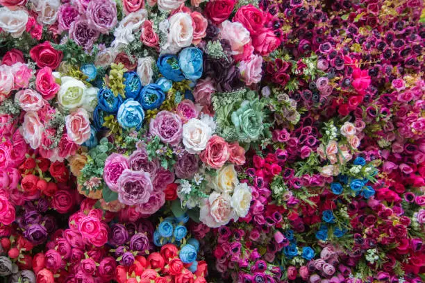 Photo of Floral background, roses with other flowers. set of rustic flowers, pink, blue and purple flowers.