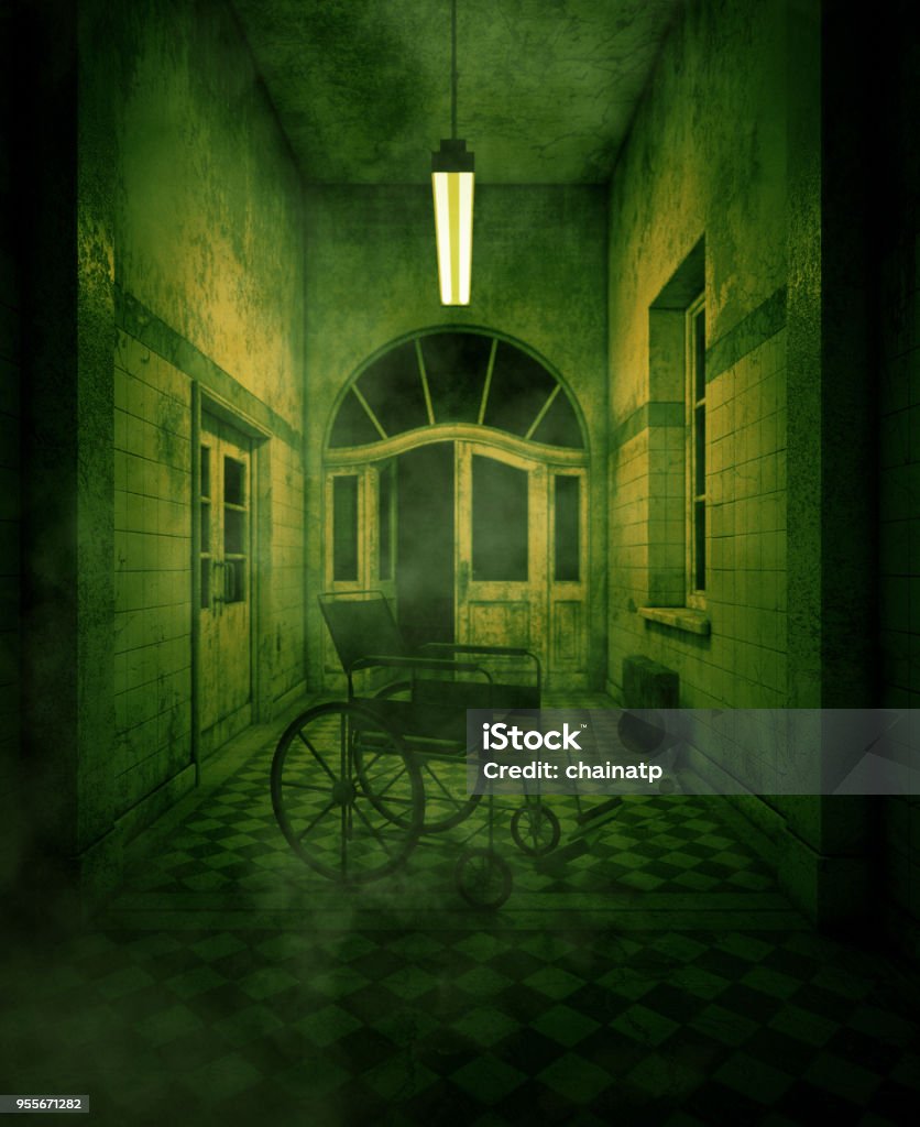 3d rendering of a wheelchair in haunted house or asylum Spooky Stock Photo