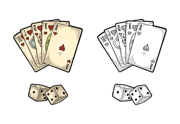 Playing cards poker and two white dice. Vintage engraving Playing cards poker and two white dice. Royal flush in hearts. Vector black and color vintage engraving illustration for poster, label, banner, web. Isolated on white background. Hand drawn design element casino illustrations stock illustrations