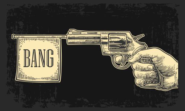 Male hand holding revolver with bang flag . Vector engraving vintage illustrations. Male hand holding revolver with bang flag. Vector engraving vintage illustrations. Isolated on dark background. For tattoo, web, shooting club and label fringe stock illustrations