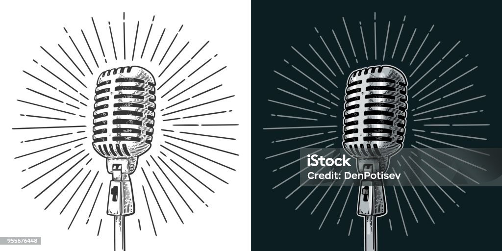 Microphone with ray. Vintage vector black engraving illustration Microphone with ray. Vintage vector color engraving illustration for poster, web. Isolated on white and black background. Microphone stock vector