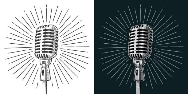 Microphone with ray. Vintage vector black engraving illustration Microphone with ray. Vintage vector color engraving illustration for poster, web. Isolated on white and black background. microphone illustrations stock illustrations