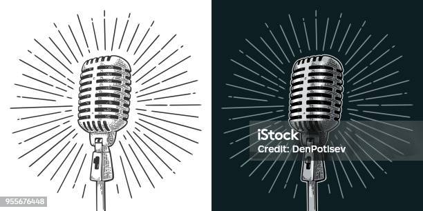 Microphone With Ray Vintage Vector Black Engraving Illustration Stock Illustration - Download Image Now