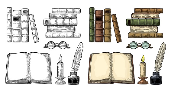 Set education. Inkwell with feather, pile of old books, glasses, candle. Isolated on white background. Vector color vintage engraving illustration. Hand draw in a graphic style.